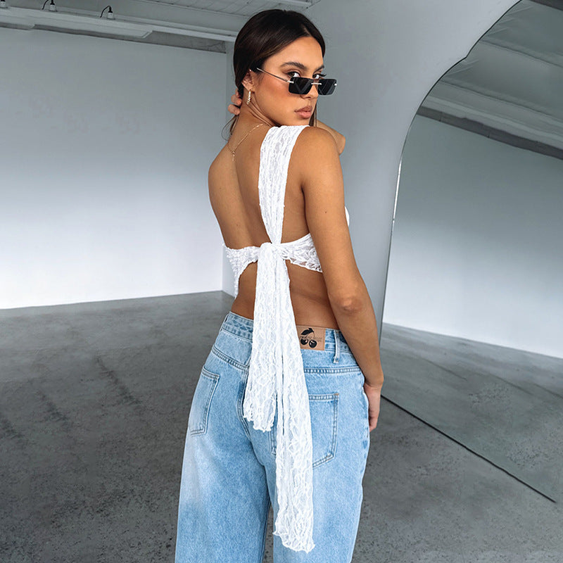 Ins Lace Backless Top Summer Solid Color Waistless