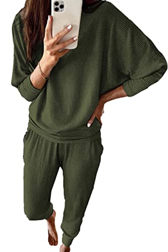 PRETTYGARDEN Women's 2023 Fall Fashion Outfits 2 Piece Sweatsuit Solid Color Long Sleeve Pullover Long Pants (Grey Blue,X-Large)