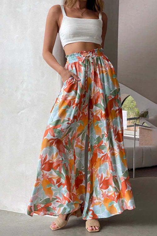 Flowers Printed Wide-leg Trousers Summer Casual Straight Pants