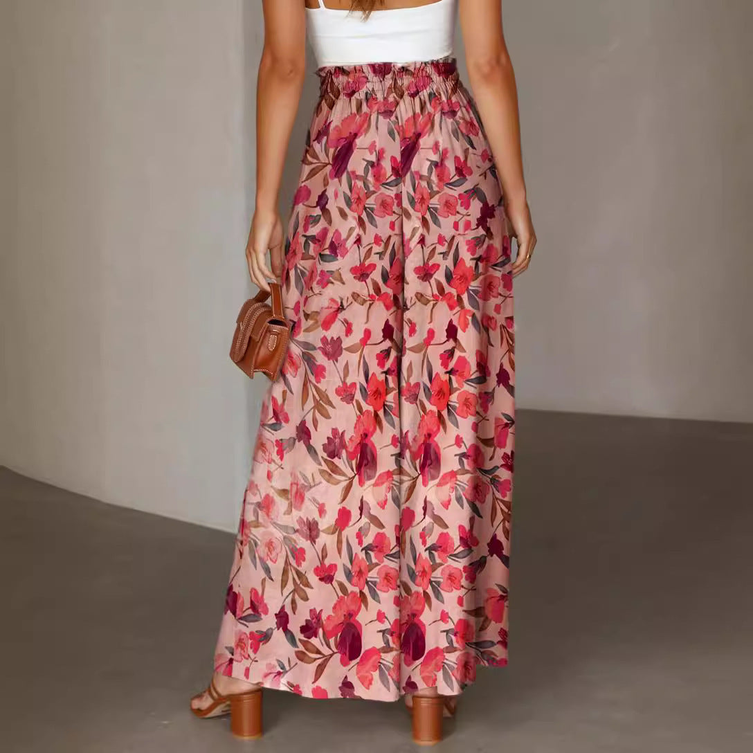Flowers Printed Wide-leg Trousers Summer Casual Straight Pants