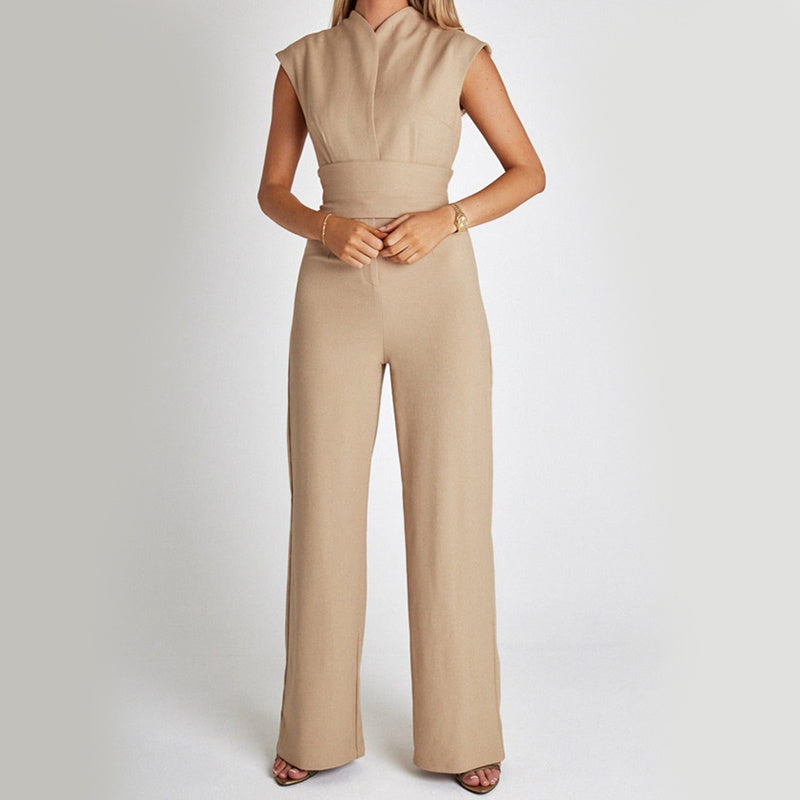 Fashion Elegant Long Sleeveless Jumpsuit Summer V-neck Casual Wide Leg Long Overalls