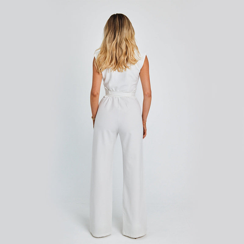 Fashion Elegant Long Sleeveless Jumpsuit Summer V-neck Casual Wide Leg Long Overalls