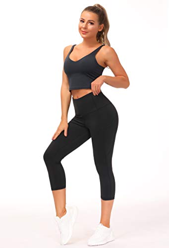 THE GYM PEOPLE Thick High Waist Yoga Pants with Pockets, Tummy Control Workout Running Yoga Leggings for Women (Medium, Black )