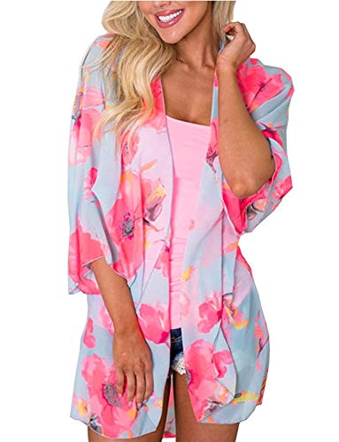 Naivikid Women's Summer Floral Print Kimonos Loose Half Sleeve Chiffon Cardigan Blouses Casual Cover Up Tibetan Blue Flower XXL