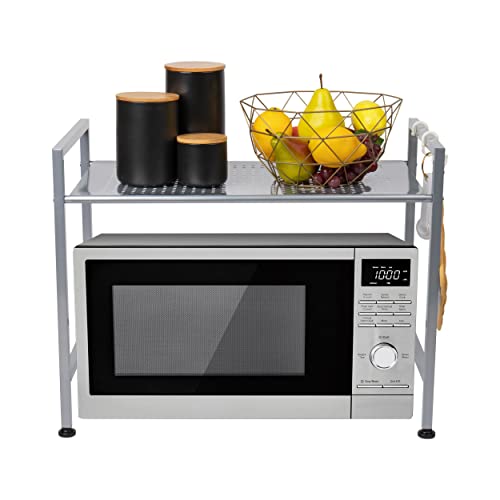 Mind Reader Elevate Collection, Microwave Oven Rack, Utility Shelf for Utensils, Cook Books, Towels, Pot Holders and Accessories, 2 Hooks, Metal, Black