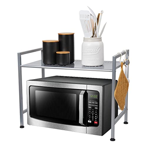 Mind Reader Elevate Collection, Microwave Oven Rack, Utility Shelf for Utensils, Cook Books, Towels, Pot Holders and Accessories, 2 Hooks, Metal, Black