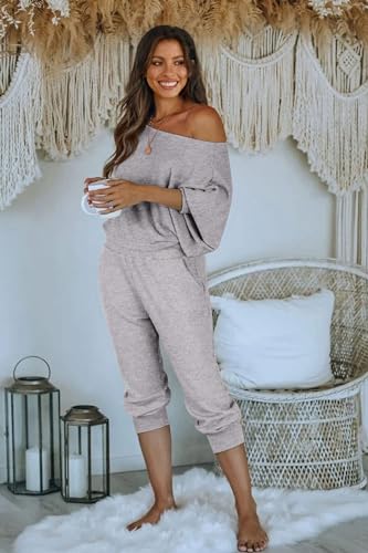 PRETTYGARDEN Women's 2 Piece Ribbed Tracksuit Outfits Off Shoulder Long Sleeve Pullover Lounge Pants with Pockets