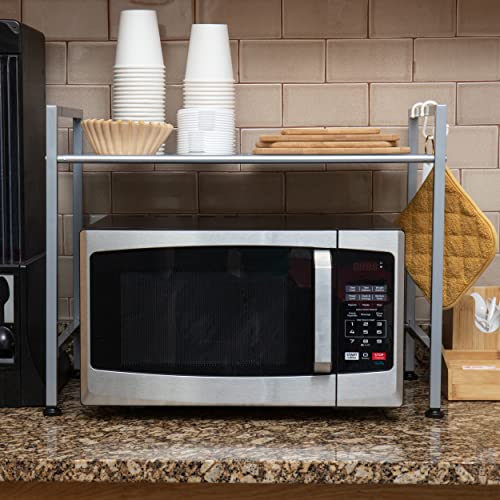 Mind Reader Elevate Collection, Microwave Oven Rack, Utility Shelf for Utensils, Cook Books, Towels, Pot Holders and Accessories, 2 Hooks, Metal, Black