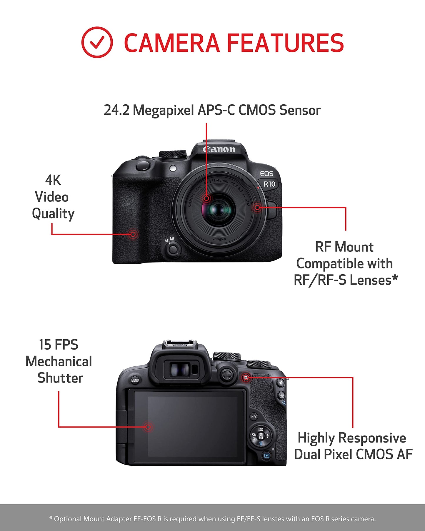 Canon EOS R10 RF-S18-45mm F4.5-6.3 is STM Lens Kit, Mirrorless Vlogging Camera, 24.2 MP, 4K Video, DIGIC X Image Processor, High-Speed Shooting, Subject Tracking, Compact, for Content Creators