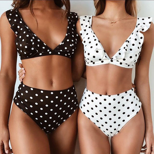 2pcs Black And White Polka Dot Print Swimsuit