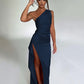 One-shoulder Pleated Split Sexy Satin Dress Elegant Slim-fit Solid Color