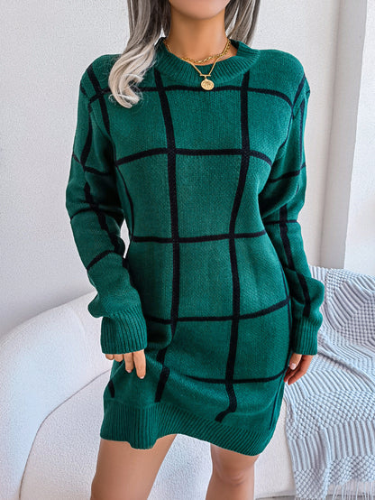 Casual Contrast Color Plaid Long Sleeve Base Sweater Dress