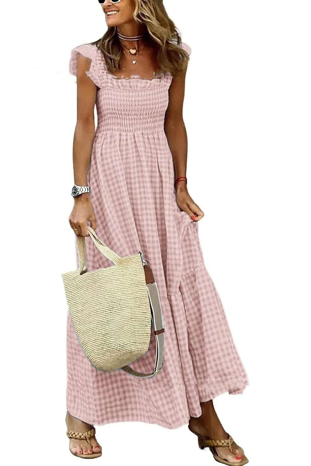 Summer Plaid Print Pleated Ruffle Dress