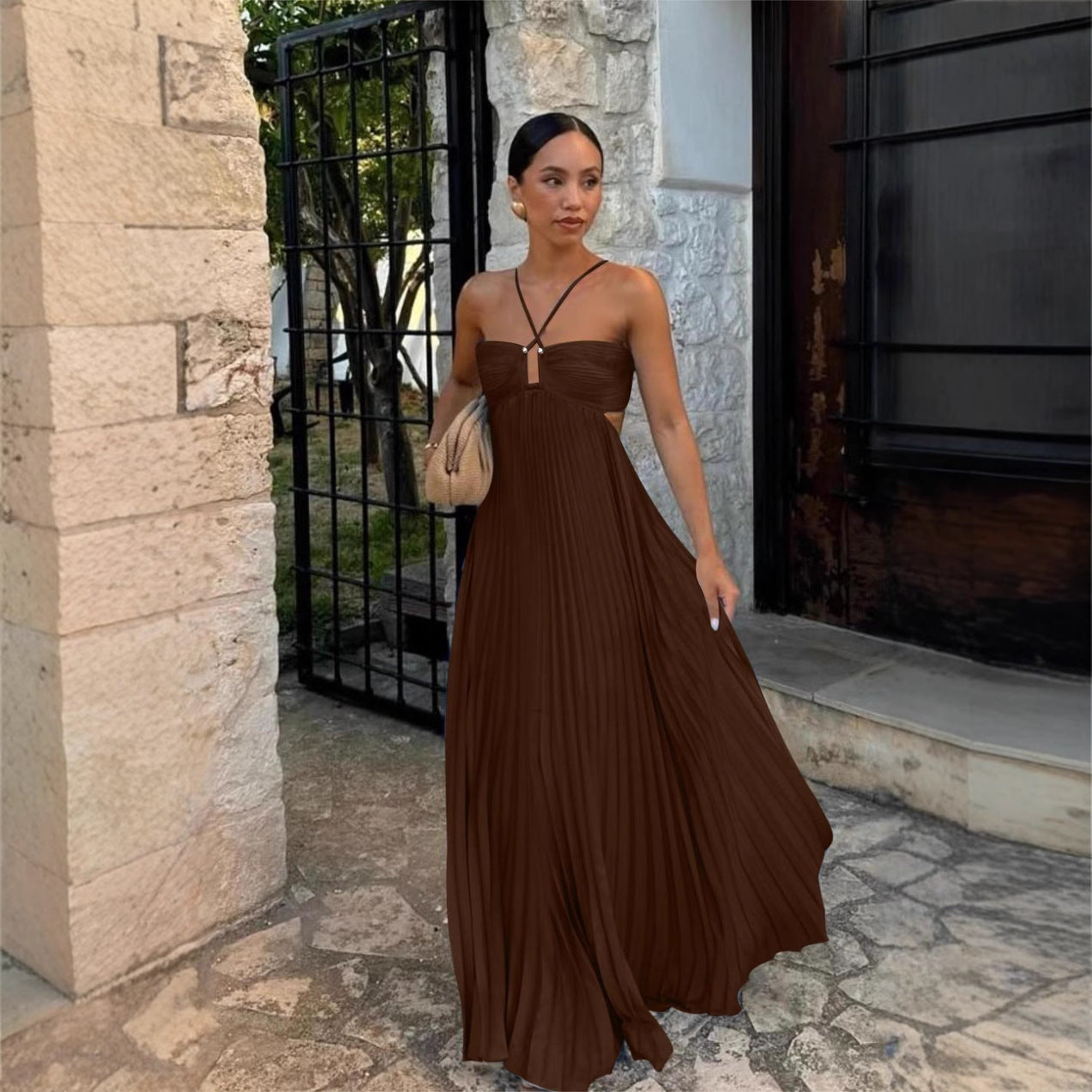 Ins Pleated Sleeveless Sling Dress Hollow High Waist Halter Robe Dresses