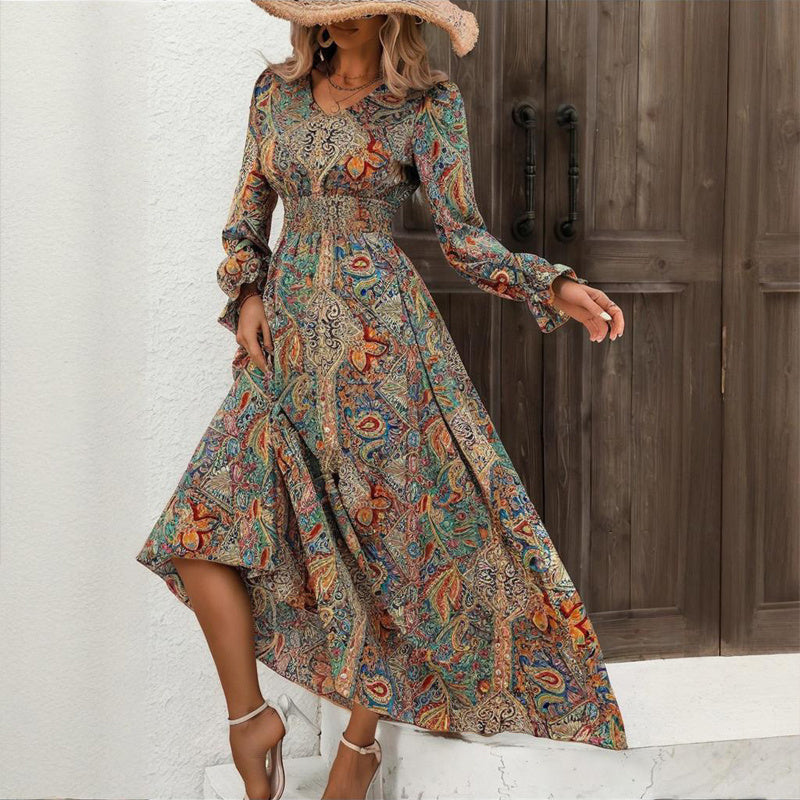 Women's V-Neck Retro Geometric Print Flounce Sleeve Dress