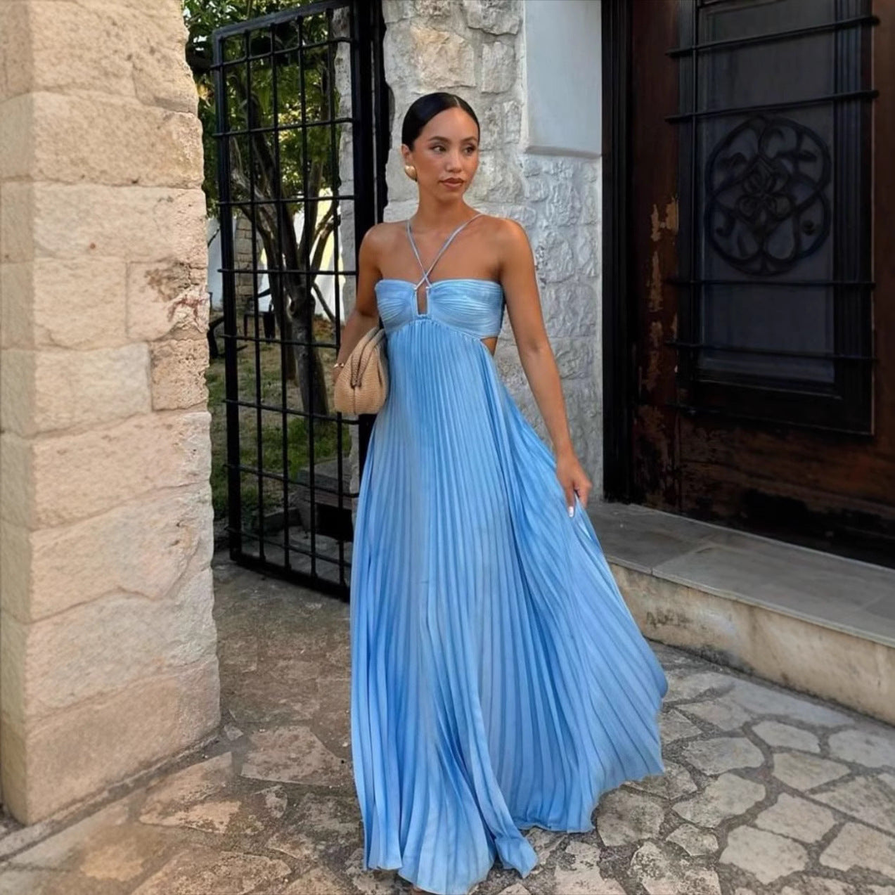 Ins Pleated Sleeveless Sling Dress Hollow High Waist Halter Robe Dresses