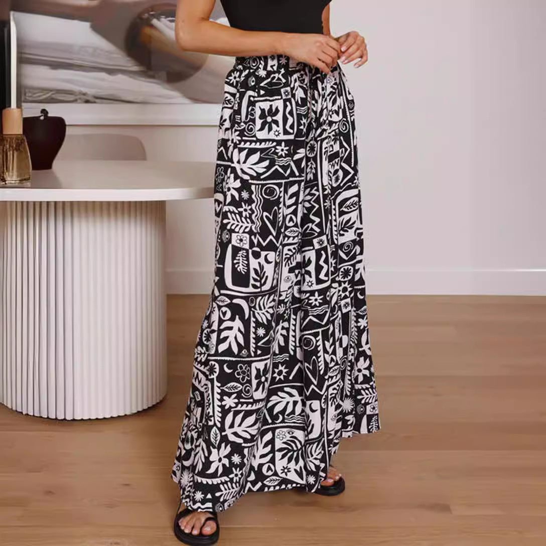 Flowers Printed Wide-leg Trousers Summer Casual Straight Pants
