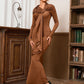 Round Neck Long Sleeve Slim-fit Pleated Ribbon Party Dinner Dress