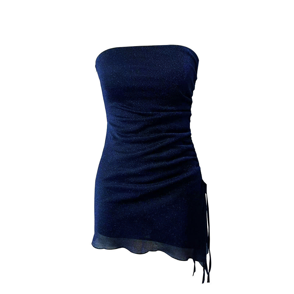 Ins Tube Top Dress With Drawstring Design