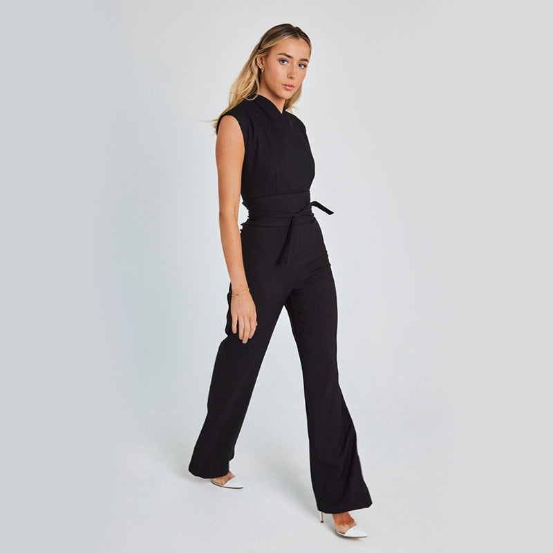 Fashion Elegant Long Sleeveless Jumpsuit Summer V-neck Casual Wide Leg Long Overalls