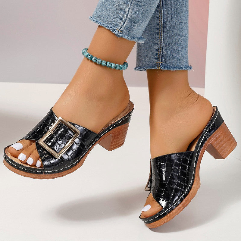 Fashion Crocodile-textured Buckle Sandals Square Chunky Heel