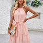 Solid Color Halterneck Dress Summer Casual Lace Tie Waist Womens Clothing New Fashion Vacation Beach Dresses