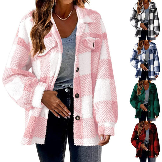 Turndown Collar Plaid Jacket With Pockets