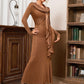 Round Neck Long Sleeve Slim-fit Pleated Ribbon Party Dinner Dress