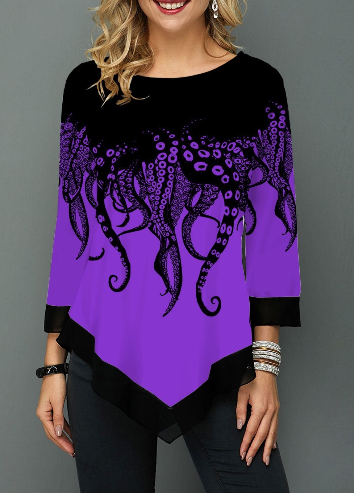 Printed stitching cropped sleeve T-shirt