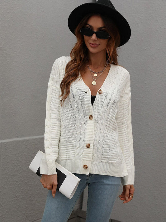 Cable-Knit Ribbed Trim V-Neck Cardigan