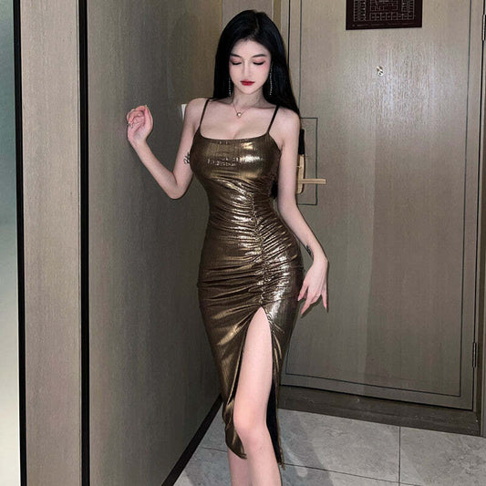Women's Temperament Halter Slim Pleated Shiny Dress