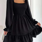 Flared Long Sleeve Dresses Women Square Neck Ruffled Swing Dress