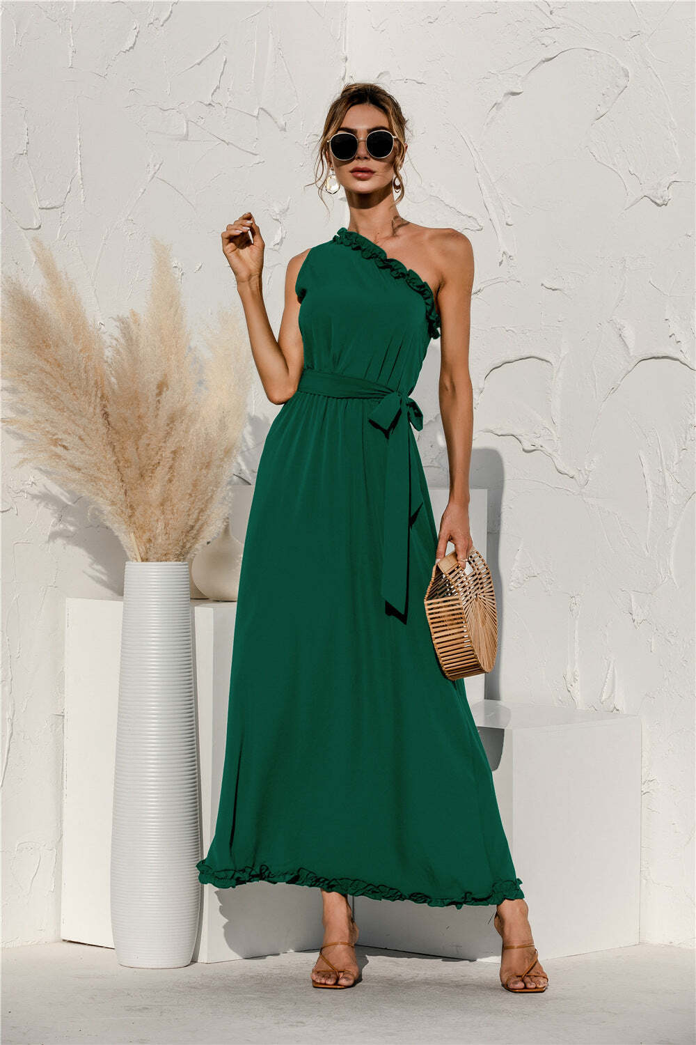 Asymmetrical Neck Side Tie Dress