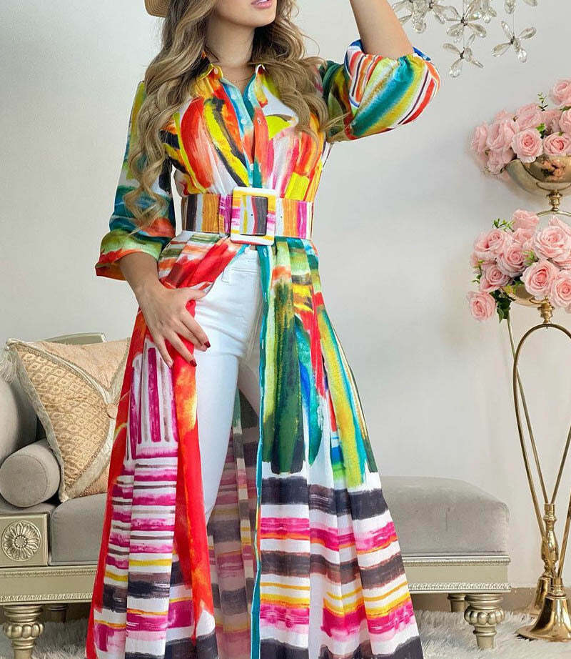 Women's European And American New Color Print Lace Up Long Shirt Dress