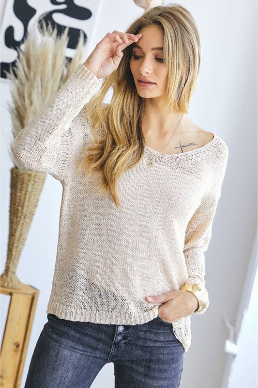 Davi & Dani Distressed Drop Shoulder Knit Top