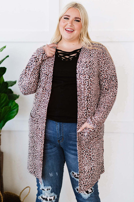 Plus Size Leopard Open Front Cardigan with Pockets