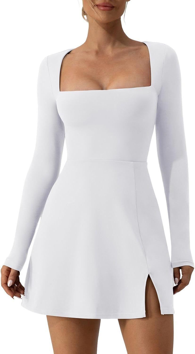 Women's Square Collar Corset Long Sleeve Slit Flared