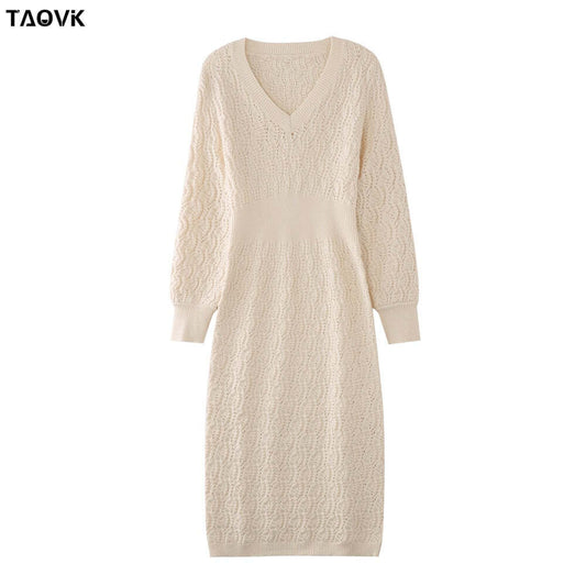 TAOVK Women's Solid color Costume Knitted V-neck Hollow Lantern