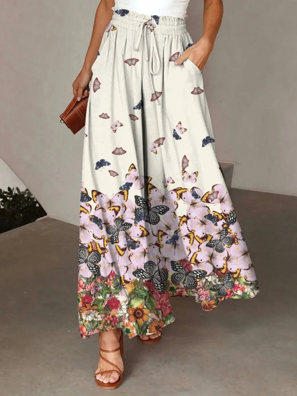 Flowers Printed Wide-leg Trousers Summer Casual Straight Pants