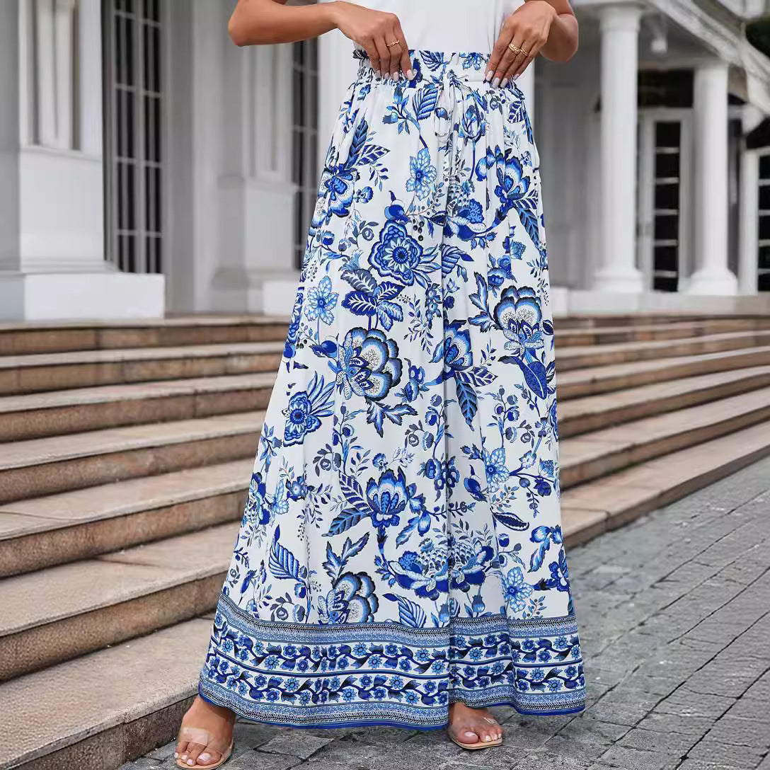 Flowers Printed Wide-leg Trousers Summer Casual Straight Pants