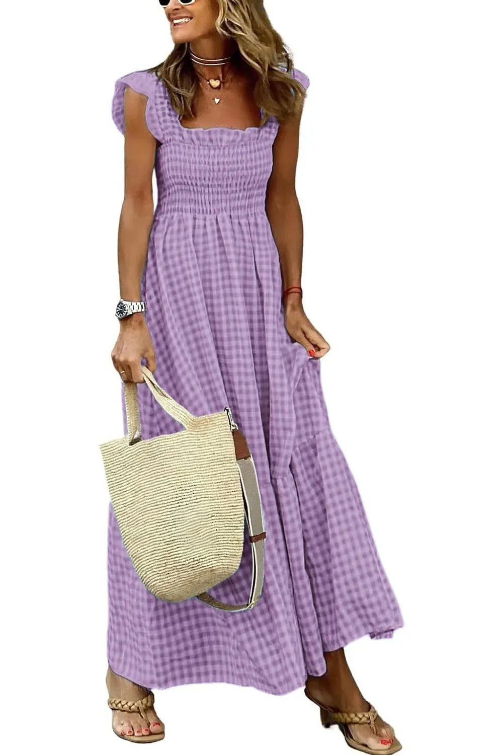 Summer Plaid Print Pleated Ruffle Dress