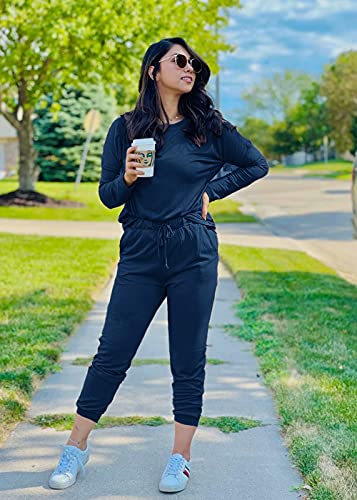 PRETTYGARDEN Women's 2023 Fall Two Piece Outfit Long Sleeve Crewneck Pullover Tops And Long Pants Tracksuit (Black,X-Large)