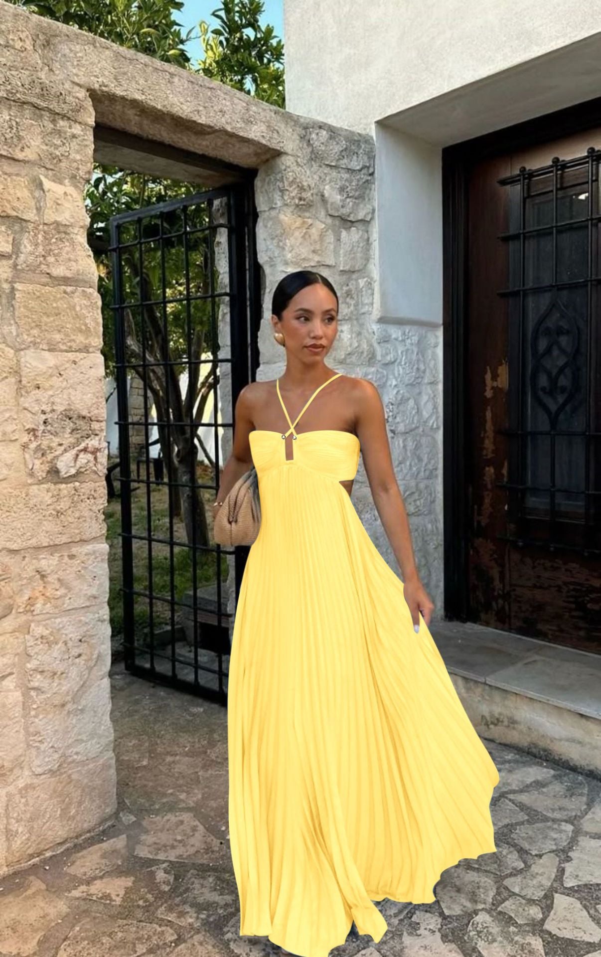 Ins Pleated Sleeveless Sling Dress Hollow High Waist Halter Robe Dresses