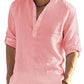 Men's Casual Cotton Linen Solid Color Long Sleeve Shirt Loose Stand Collar