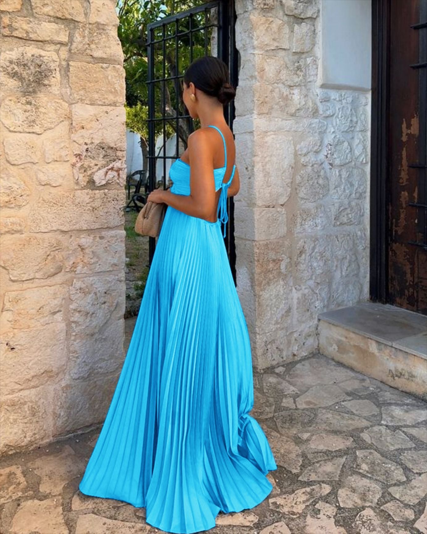 Ins Pleated Sleeveless Sling Dress Hollow High Waist Halter Robe Dresses