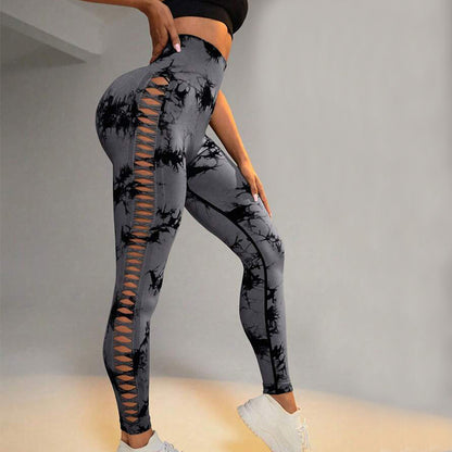 Hollow Tie Dye Printed Yoga Pants High Waist