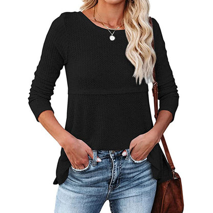 Women's Waffle Fashion Back Hollow Round Neck Long Sleeve Top