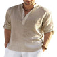 Men's Casual Cotton Linen Solid Color Long Sleeve Shirt Loose Stand Collar