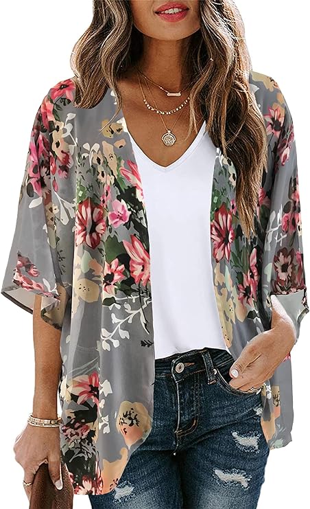 Women's Floral Print Puff Sleeve Kimono Cardigan