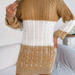 Cable-Knit Round Neck Color Block Sweater Dress